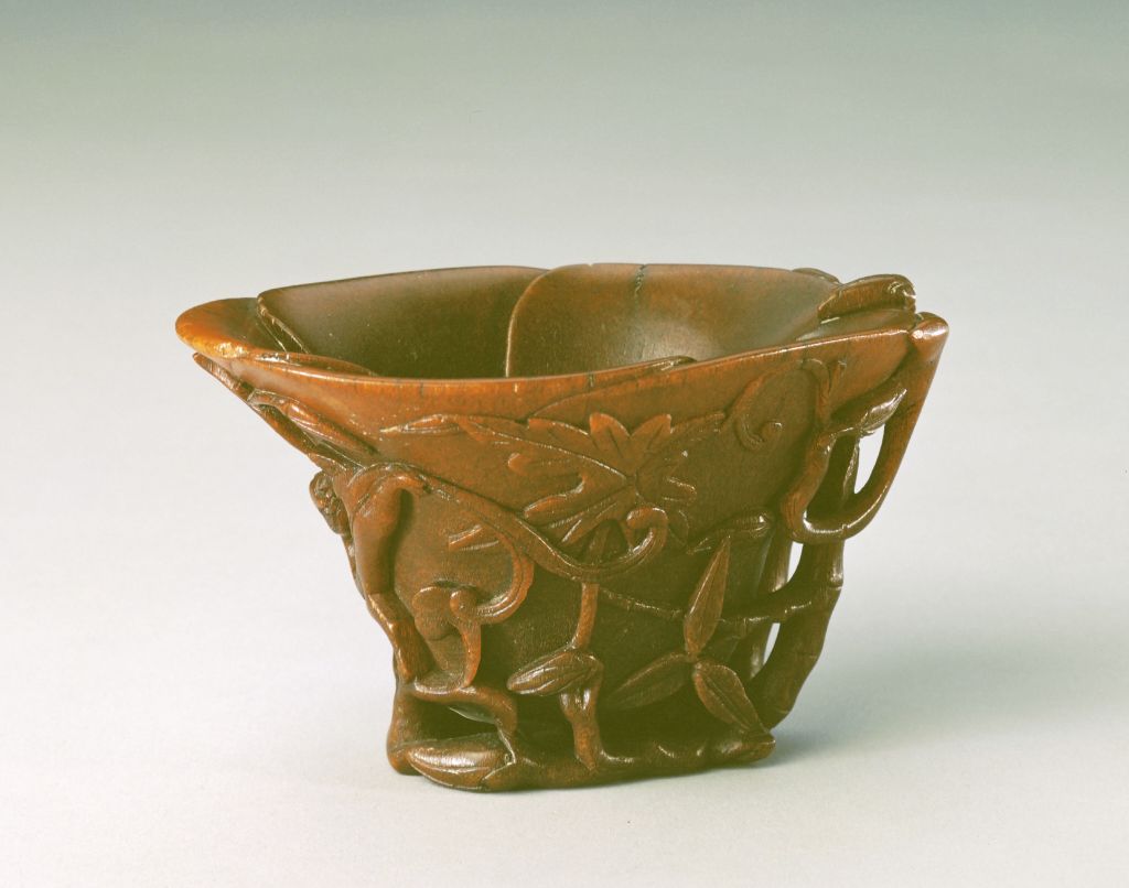 图片[1]-Rhinoceros horn carved sunflower bamboo dragon cup-China Archive